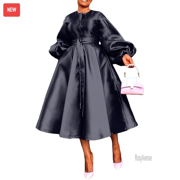 Satin Maxi Dress Long Sleeve A-Line Fit with Pockets Semi Formal